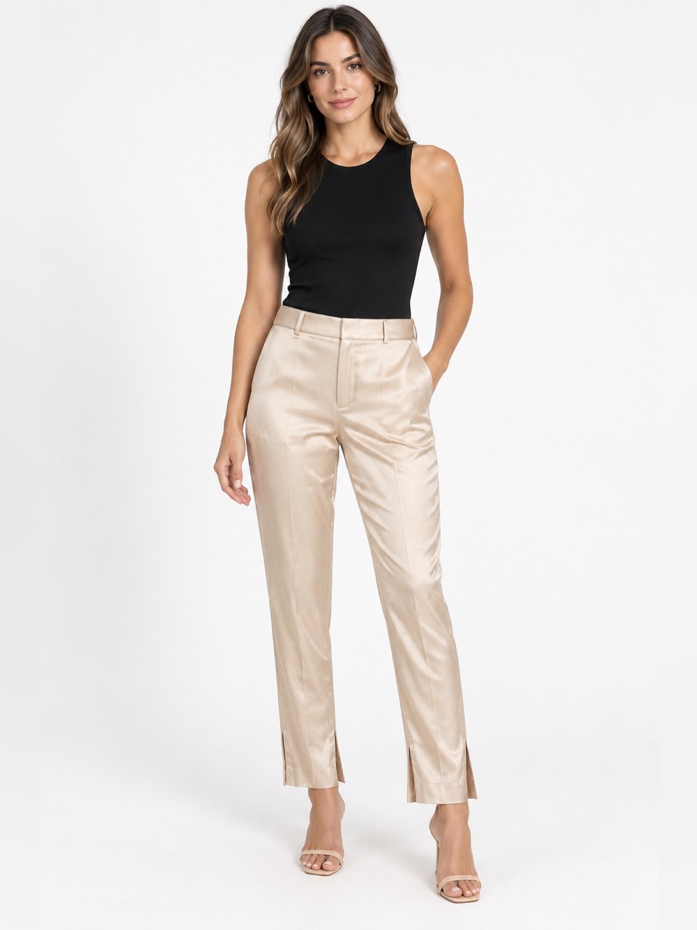 Zara Champagne Satin Slim Ankle Pants Split Hem Size M NWT